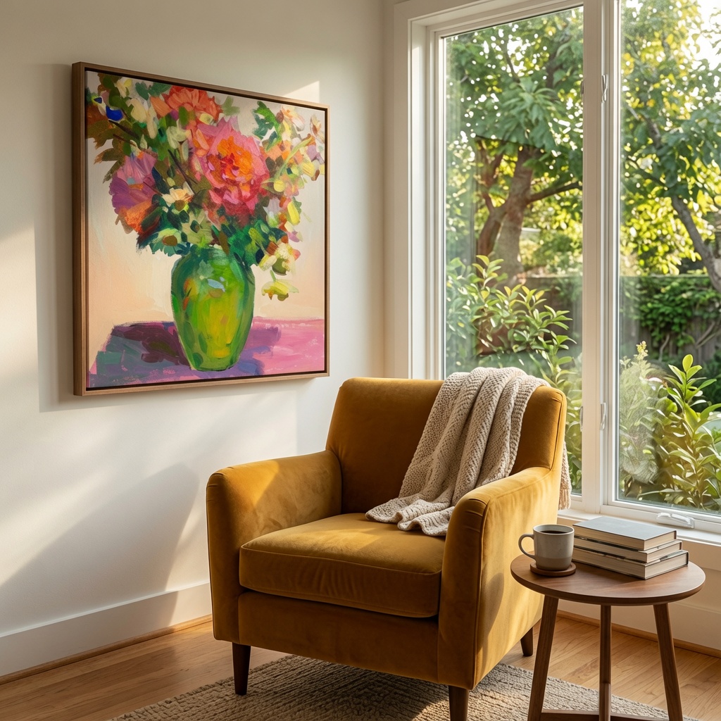 A bright still life beside a sunlit reading chair