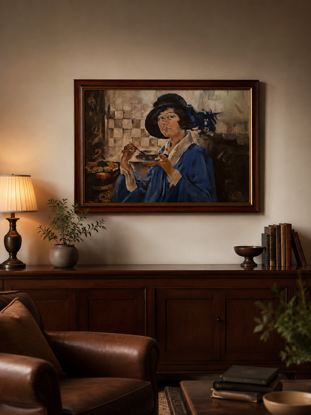 A figurative portrait in oil above a walnut sideboard