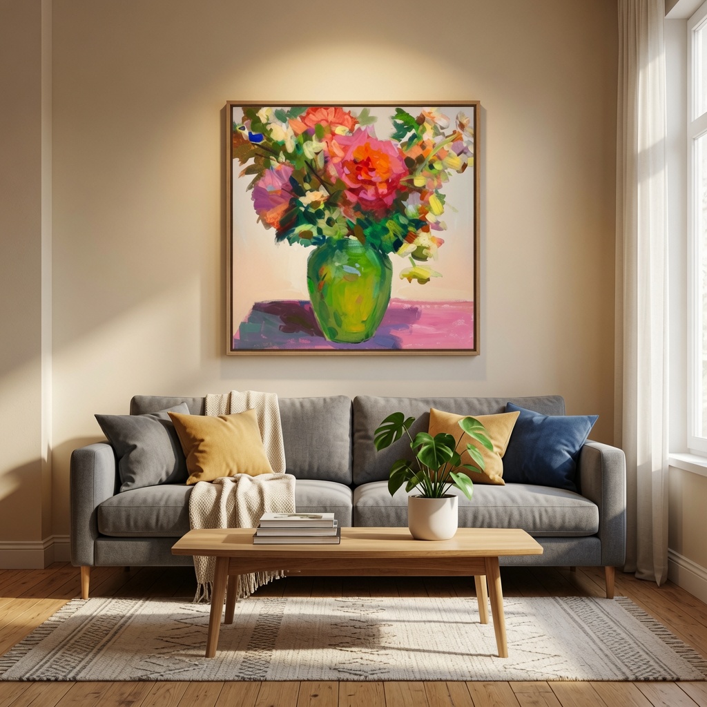A vivid floral still life above a contemporary sofa
